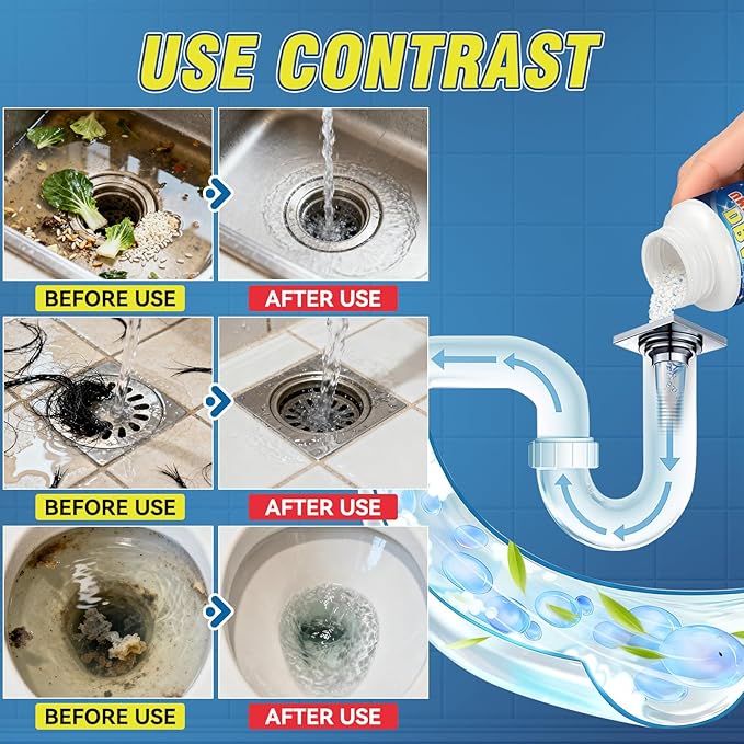 Drain Cleaner Powder, Powerful Drain Clog Remover, Sink and Drains cleaner to Dissolve Clogs, Drains Opener Removes Hair, Grease, Soap Scum and Food Residue, Safe for Pipes and Septic Systems
