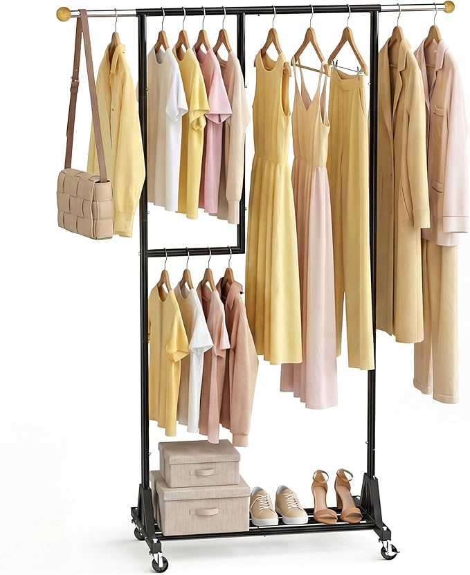 Rolling Clothing Rack with Bottom Storage Shelf & lockable Casters, Multi-tier Retractable Sturdy Garment Rack for Hanging Coats, Dresses - Ideal for Bedroom, Closet & Laundry Room ( Taller version )