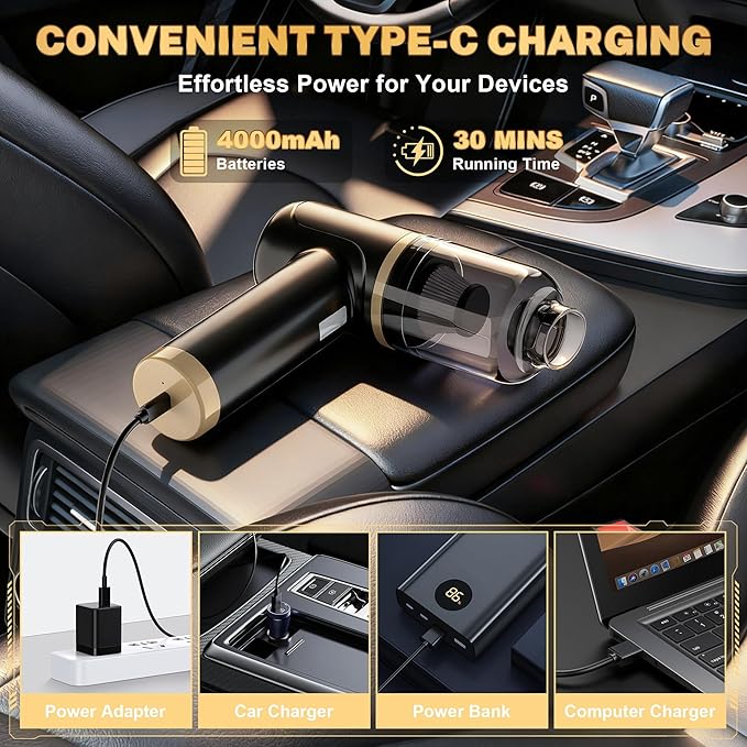 Cozylady Handheld Car Vacuum Portable Cordless, High Power 6 in 1 Vacuum Cleaner & Air Duster & Air Blower with 4000mAh Brushless Motor and Multi-Nozzles for Car, Home, Office, Camping, Pet (25kpa)