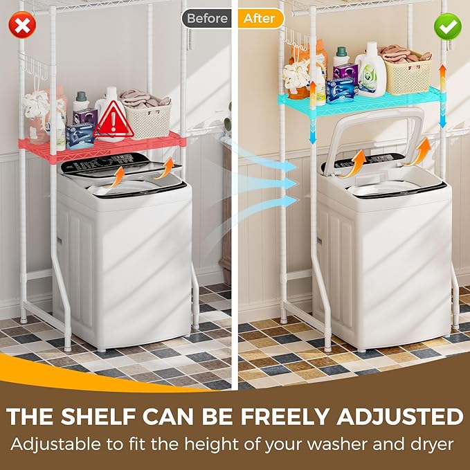 Golpart Over Washer and Dryer Shelves,2 Tier Adjustable Height Wire Shelving Laundry Room Storage Organization Clothes Drying Rack with Hanger Rod&Hooks,Space Saving Organizers Shelf,White