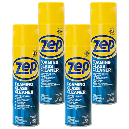 Zep Foaming Glass and Plexiglass Cleaner - 19 oz (Case of 4) ZUFGC19 – Foaming Formula that clings to Vertical Surfaces for Streak-Free Glass Cleaning
