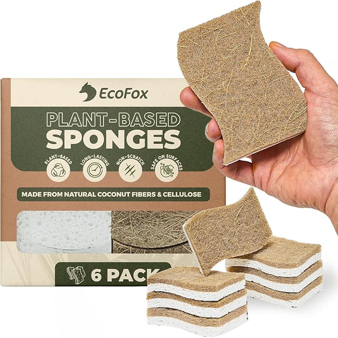 Plant-Based Kitchen Sponges (6 Pack) | USDA Biobased Certified | FSC & PETA Approved | Natural Cellulose & Coconut Scrubber Sponge | S-Shaped Design | Eco-Friendly, Non-Scratch, Non-Toxic & Vegan