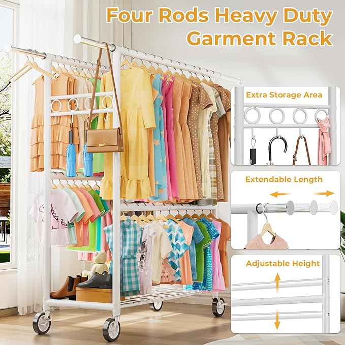 Heavy Duty Clothes Rack Load 1060LBS, Four Rods Rolling Clothing Racks for Hanging Clothes, Rolling Garment Rack With Sturdy Wheels Shelves Hooks, Portable & Adjustable Commercial Garment Rack, White