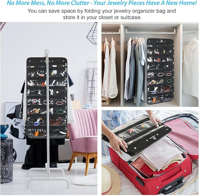 Hanging Jewelry Organizer with 50 Transparent Pockets, 360° Rotating Hanger & Secure Zipper Closure - Foldable Double Sided Jewelry Storage Bag for Earrings, Rings, Necklaces, Bracelets (Black)