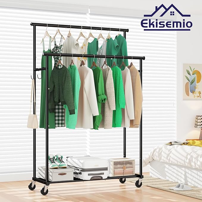 Ekisemio Double Rods Clothes Rack with Wheels Load 400 LBS, 45 Inch Rolling Clothing Rack for Hanging Clothes, Heavy Duty Garment Rack with Shelves, Metal Portable Closet, Black