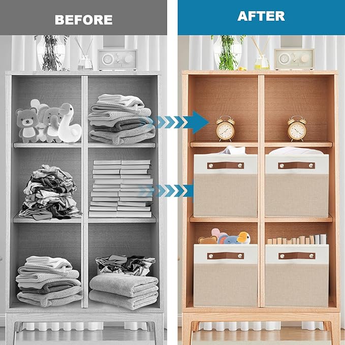 6 Pack Fabric Storage Baskets for Shelves, Closet Storage Bins for Shelves, Fabric Baskets for Organizing with Handles for Home and Office (White with Beige,15"L*10.2"W*9"H)