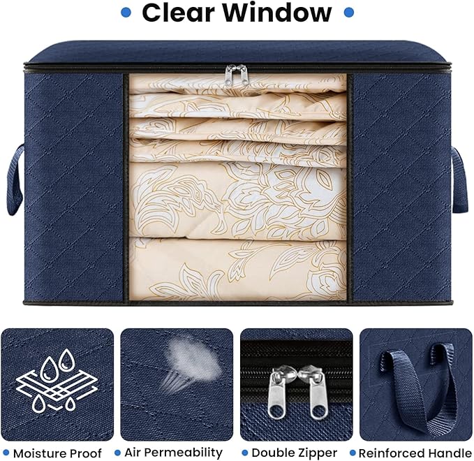 Fab totes Storage Bags,Clothes Blanket Storage Bins Foldable Closet Organizers with Reinforced Handle for Home Dorm Storage and Organization,Fabric Bags for Organizing Sheets,Clothing (Blue,3 Pack)