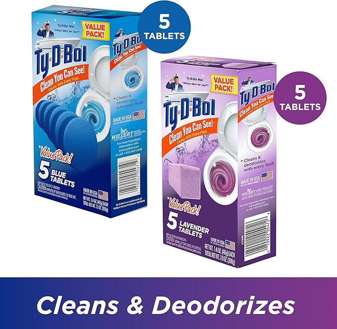 Ty-D-Bol Bleach-Free Toilet Bowl Cleaner Tablets Variety Pack - (10 Pack) 1.4 oz - 5 Lavender and 5 Blue Tablets - Fights Hard Water Stains, Mineral Buildup & Limescale - Bathroom Cleaning Supplies