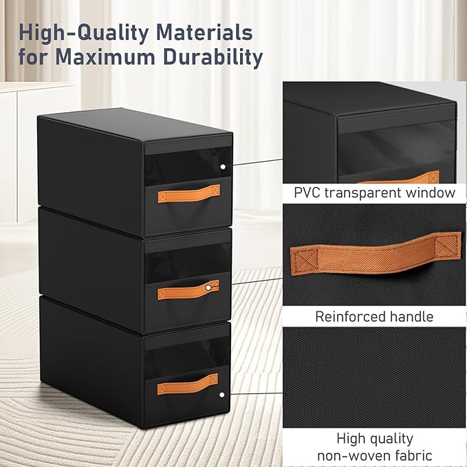DIMJ Closet Organizers and Storage - Fabric Bins with Drawers for Closet Foldable Clothes Organizers with Clear Window, Stackable Storage Drawers Units for Hat, 4-Pack, Black