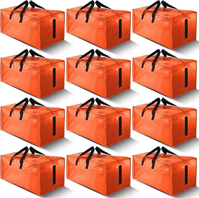HOMESURE 12 Pack Large Strong Moving Bags with Zippers & Carrying Handles - Water-Resistant - Heavy Duty Storage Tote for Space Saving, Fold Flat, Alternative to Moving Box (Orange)