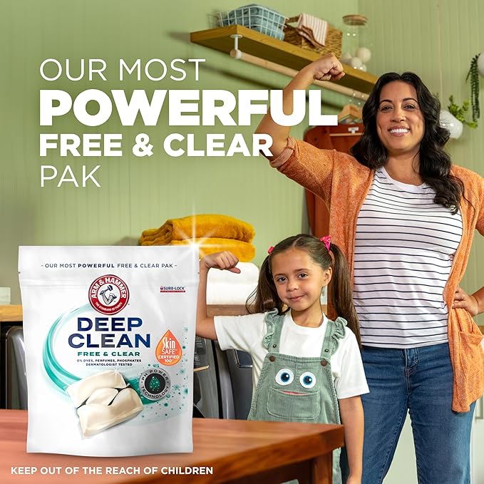 ARM & HAMMER Deep Clean Free & Clear Power Paks Concentrated Laundry Detergent, Free of Dyes, Perfumes and Phosphates, Dermatologist Tested, 32 Count