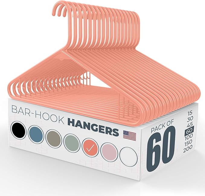 Neaties Plastic Hangers 50 Pack (60 Count) – Made in the USA – 6lb Capacity Standard Clothes Hangers with Strap Hooks for Dresses, Lingerie, Shirts, Pants, and Jackets – Peach