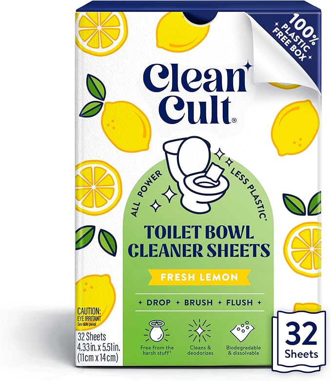 Cleancult Toilet Bowl Cleaner Sheets - Dissolvable, Septic Safe, Effective Cleaning, Removes Stains & Rings, Cleans & Deodorizes - 32 Uses - Fresh Lemon Scent - Plastic-Free Packaging
