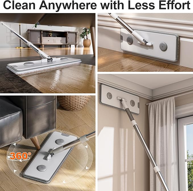 Mop and Bucket Set, Flat Mop and Bucket System, Mop Bucket with Wringer, Wall Mop with Adjustable Handle (Max 61 Inches), 5 Washable Microfiber Mop Pads