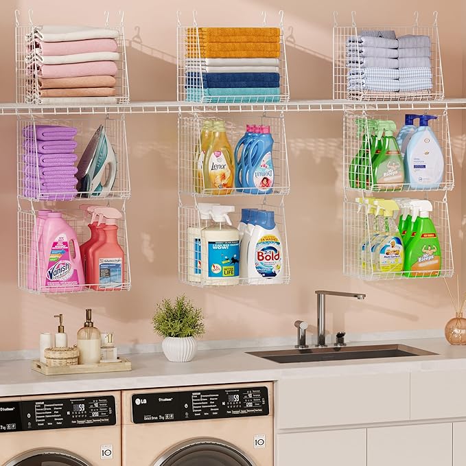 3-Pack Extra-Tall 13.6'' Hanging Laundry Basket Organizer, Foldable Wire Shelf with 360° Rotating Hooks & Reinforced Height - Durable Space-Saving Laundry Room & Closet Organizer, White Patent
