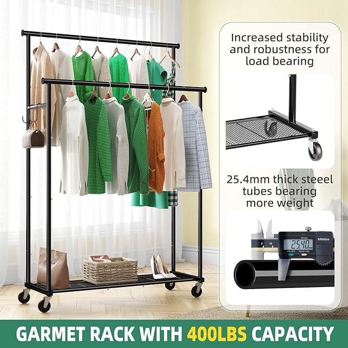 Ekisemio Double Rods Clothes Rack with Wheels Load 400 LBS, 45 Inch Rolling Clothing Rack for Hanging Clothes, Heavy Duty Garment Rack with Shelves, Metal Portable Closet, Black