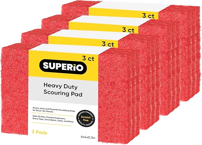 Scouring Pad Non-Scratching Scrubber Non-Scratch Cleaning Scrub Pads Heavy Duty Scouring Pad Reusable Kitchen Scrubbing Pad Pack of 12 Red, by Superio