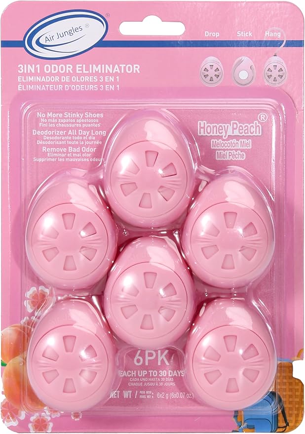 Air Jungles Shoe Deodorizer Balls 6 Ct, Honey Peach Scent, Odor Remover Balls for Sneakers, Gym Bags, Lockers, Closets, Hampers, and Drawers, Essential Oil Provides Natural Freshness