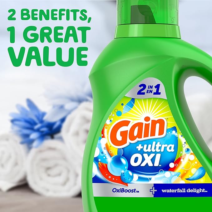Gain Liquid Laundry Detergent, Waterfall Delight Scent | 107 Loads | Oxi Formula | HE Compatible | 154 fl oz
