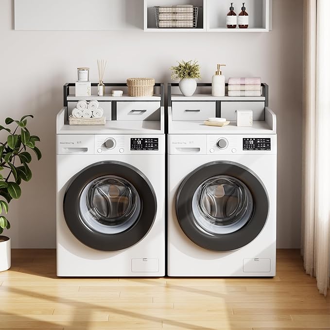 2-Tier Washer Dryer Countertop, Washing Machine Countertwith Shelf and 2 Drawers, Washer and Dryer Topper with High Guardrails, Smooth Edges, for Laundry Hamper Counter Storage Organization