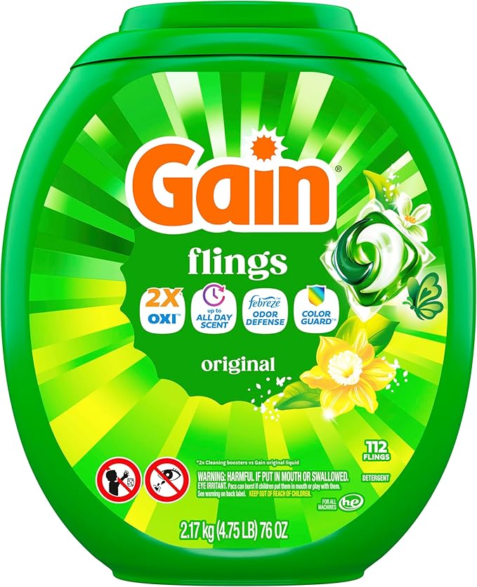 Gain Flings Laundry Detergent Pacs, Odor Defense, 112 Count, Original Scent, 3 in 1 HE Compatible Detergent Pacs with Oxi Boost and Febreeze