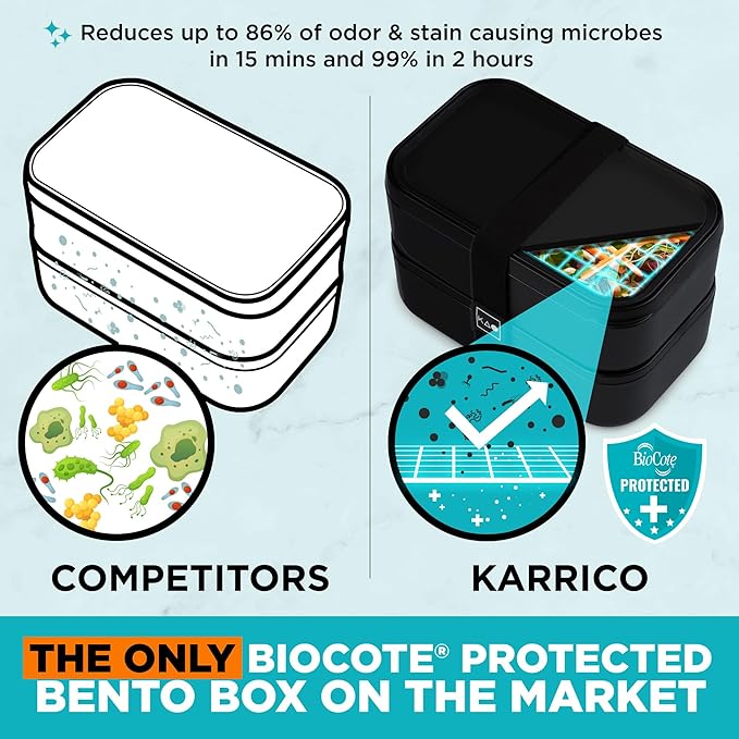 KARRICO Double Premium Bento Box Adult, 67 fl oz BPA-Free - Black Stackable Lunch Box with Leak-Proof Lids & Dividers, Perfect for Meal Prep, Lunches & Portion Control