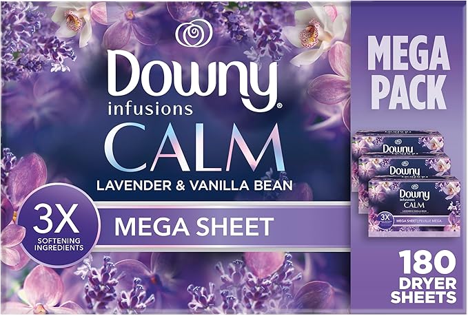 Downy Calm Mega Dryer Sheets, Large Fabric Softener Sheets for Laundry , Static Guard & Softness Boost, Laundry Dryer and Fabric Sheets, 180 Count