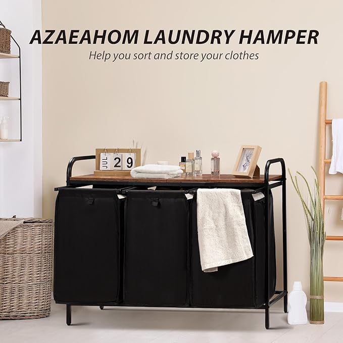 3 Section Laundry Hamper with Shelf, Laundry Basket Organizer with 3 Pull-Out Removable Bags 3×12.3Gal(46.6L), Laundry Sorter for Clothes Organization in Bedroom, Laundry Room, Brown