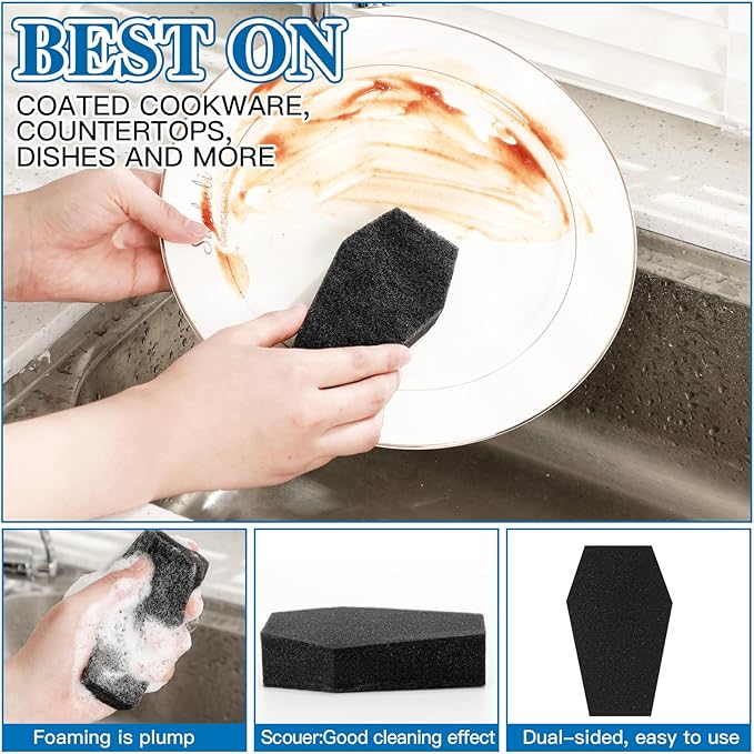 Tioncy 12 Pack Gothic Kitchen Decor Bulk Dual Sided Scrubber Gothic Sponges Dishwashing Non Scratch Coffin Kitchen Accessories Dish Scouring, Black