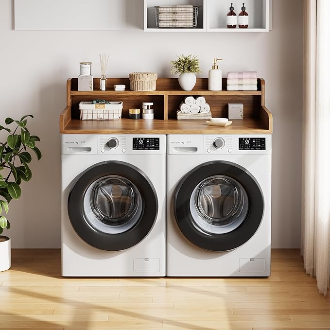Garvee 54" Washer Dryer Countertop with 2-Tier Shelf, Wooden Laundry Countertop with Non-Slip Pad and Guard Rails, Washer and Dryer Topper for Laundry Room Organization