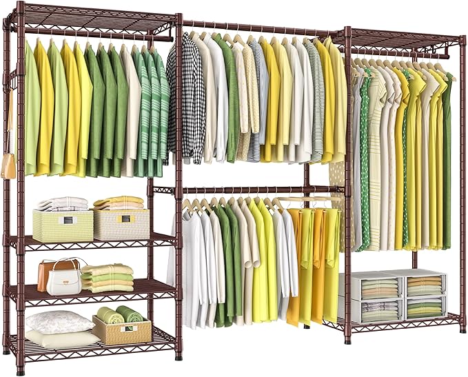 Ulif E1 Heavy Duty Closet Garment Rack, 6 Tiers Adjustable Metal Freestanding Expandable Clothing Storage with 4 Hanger Rods, Easy to Assemble Wardrobe, 71.4" H x (70" - 88.2") L x 14" D, Bronze