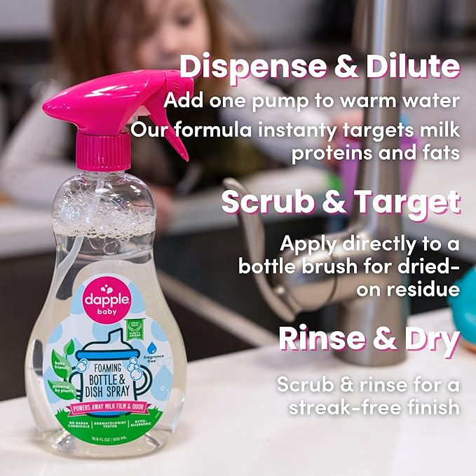 Dapple Baby Bottle & Dish Foaming Power Spray, Hypoallergenic Dish Soap for Baby Bottles, Powered by Plants, Fragrance Free, 16.9 Fl Oz (Pack of 2)