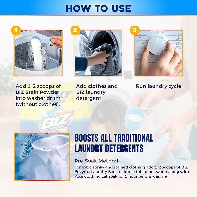 Biz Laundry Detergent Powder, Stain and Odor Eliminator for Tough Stains Like Grass Sweat and Food Grease, Powder Laundry Detergent, Color Safe, HE Safe, Unscented, Pack of 2, 16 oz Total