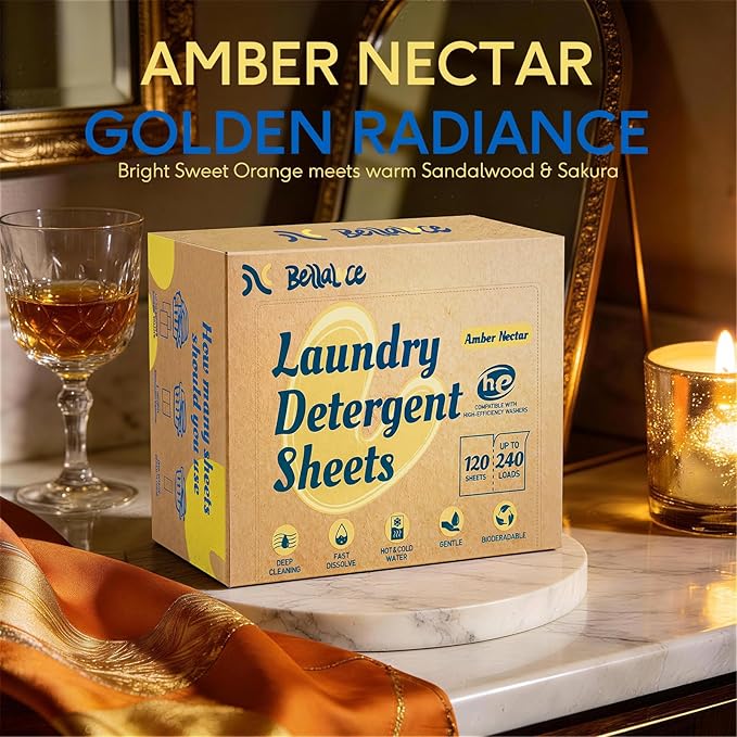 BellaLuce Laundry Detergent Sheets – 240 Loads Amber Nectar Scent, Hypoallergenic & Eco-Friendly Laundry Sheets Detergent, Plastic-Free Washer Sheets for Home, Dorm & Apartment