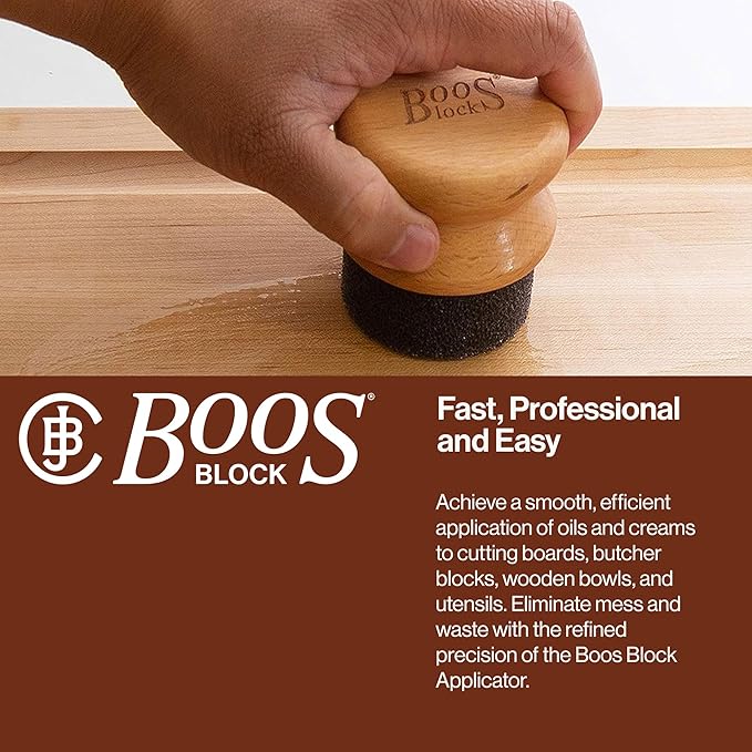 John Boos Oil & Cream Round Applicator for Wood Cutting Boards, Butcher Blocks & Utensils, Beechwood - Solid Hardwood Handle, Silver Ion-Treated Sponge, Storage Cap, Easy and Even Application