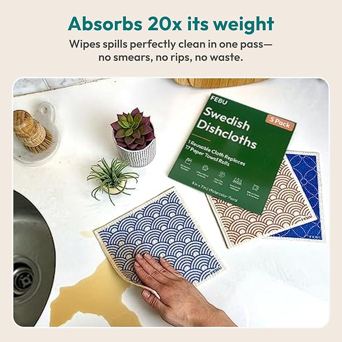 FEBU Swedish Dishcloths for Kitchen | 5 Pack Vintage Kitchen Reusable Paper Towels Washable | Swedish Dish Towels | Non-Scratch Cellulose Sponge Cloths | No Odor, Biodegradable Cleaning Cloths