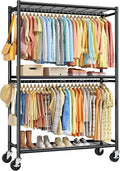 Sakugi Clothes Rack - Double Hanging Rod Clothing Rack with Wheels & Leveling Feet, Large Capacity Wardrobe Closet with Shelves for Bedroom, Laundry Room, Entryway, 45.2" x 12.6" x 80.7", Black