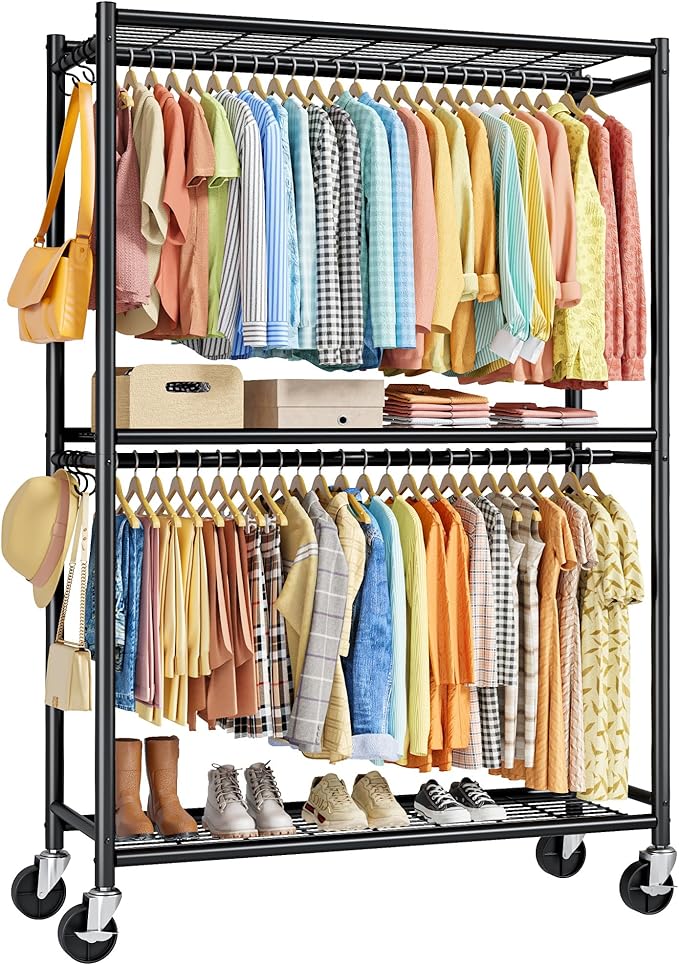 Sakugi Clothes Rack - Double Hanging Rod Clothing Rack with Wheels & Leveling Feet, Large Capacity Wardrobe Closet with Shelves for Bedroom, Laundry Room, Entryway, 45.2" x 12.6" x 80.7", Black