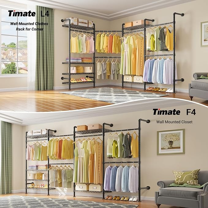 Timate F4 Wall Mounted Clothes Rack Industrial Pipe Clothing Rack for Hanging Clothes, Expandable Garment Rack Heavy Duty Wardrobe Closet Organizer and Storage, Black Adjustable Industrial Closet Kit