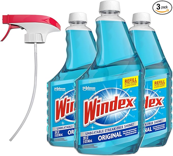 Windex Refill Original Blue Glass and Window Cleaner Bottles + 1 Reusable Spray Trigger, Surface Cleaning Spray, Original Blue Scent, 32 Fl Oz (Pack of 3)