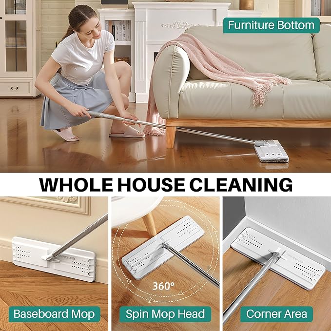 JOYMOOP Mop and Bucket with Wringer Set, Hands Free Flat Floor Mop and Bucket, with 8 Washable Microfiber Pads, Wet and Dry Use, Floor Cleaning System