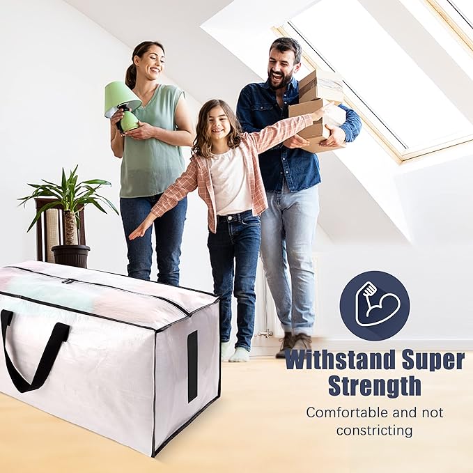 HOMESURE 4 Pack Large Strong Moving Bags with Zippers & Carrying Handles - Water-Resistant - Heavy Duty Storage Tote for Space Saving, Fold Flat, Alternative to Moving Box (Semi-Transparent)