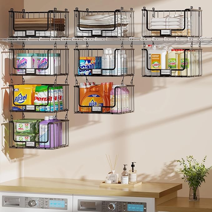 3-Pack Laundry Basket, Wire shelves for Laundry Room Space Saving-Metal Laundry Basket Holder,14.5"D x 10.5"W,Black
