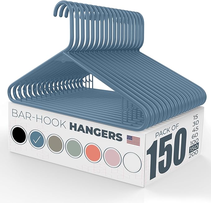 Neaties Plastic Hangers 100+ Pack (150 Count) – Made in the USA – 6lb Capacity Standard Clothes Hangers with Strap Hooks for Dresses, Lingerie, Shirts, Pants, and Jackets – Blue