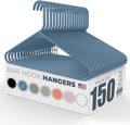 Neaties Plastic Hangers 100+ Pack (150 Count) – Made in the USA – 6lb Capacity Standard Clothes Hangers with Strap Hooks for Dresses, Lingerie, Shirts, Pants, and Jackets – Blue