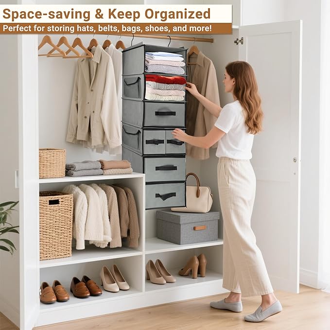 Durable 6-Tier hanging closet organizer with 5 Drawers & 3 Side Pocket,Thickened Fabric Hanging Shelves Holder with Sturdy Hook,Space-saving Storage Organization for Bedroom,Dorm,Guestroom,RV,Bathroom