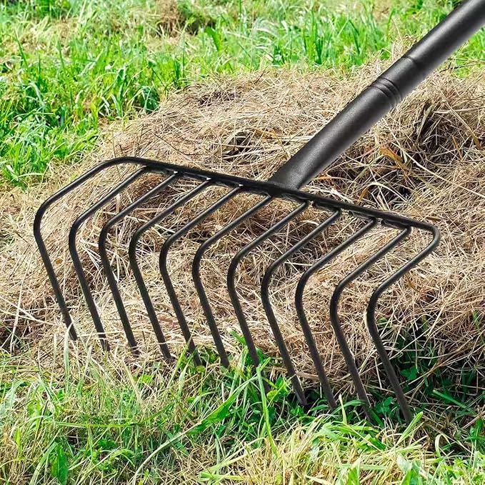 85" Adjustable Rake with 16" Wide Lightweight L-Shaped Head - No-Bend Gardening Tool for Hay, Leaves, and Mulch - Comfortable Metal Rake to Prevent Back Pain