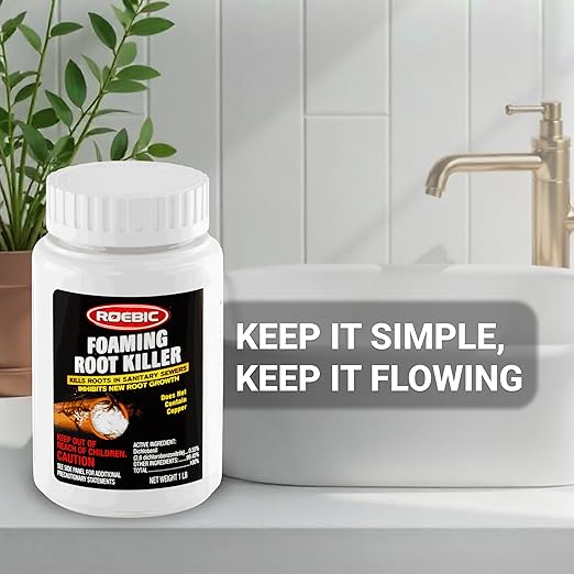 Roebic FRK Foaming Tree Root Killer, Chemical Septic System, Drain Field and Sewer Line Pipe Clog Remover and Root Destroyer, Safe for Bathroom Toilet, White Granules, 1 lb