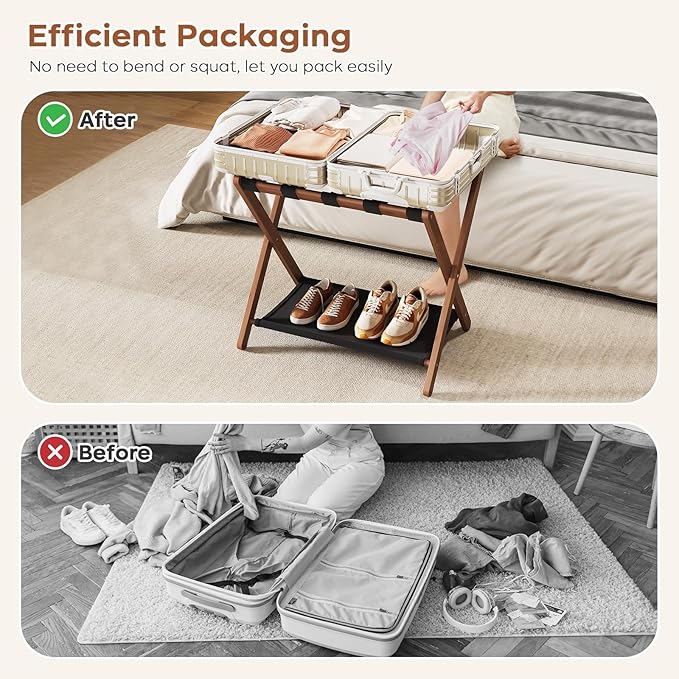 Fully Assembled Luggage Rack, Walnut Luggage Rack for Guest Room, Bamboo Folding Suitcase Stand with Storage Shelf, 5 Nylon Straps, Luggage Holder for Bedroom Hotel, 26.77"W x 16.93"D x 22.5"H, 1 Pack