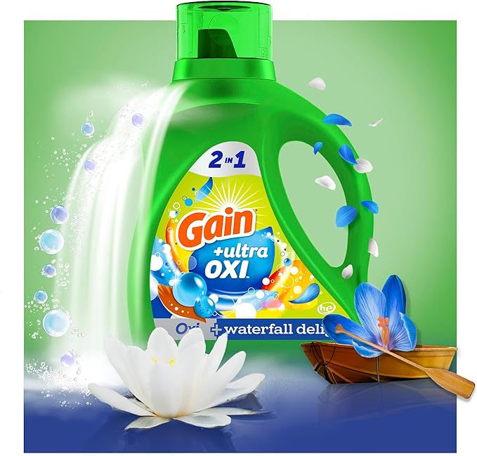 Gain Ultra Oxi Liquid Laundry Detergent,Waterfall Delight Scent,194 fl oz,134 Loads,Freshness + Odor Fighting,High Efficiency Washing Machine Liquid Cleaning Soap,(Pack of 2)